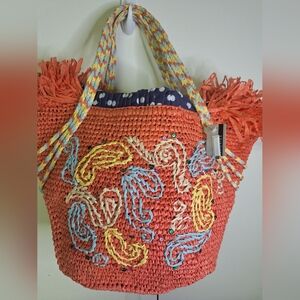 Vibrant Vintage Multicolor Woven Straw Coral, Yellow Tote Bag